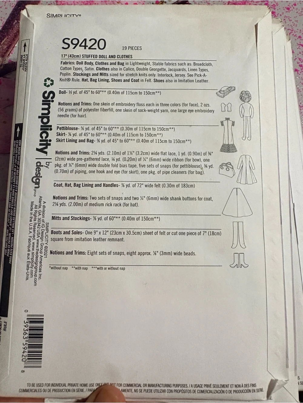 BN UNCUT SIMPLICITY 9420 OS DOLL SEWING PATTERNS